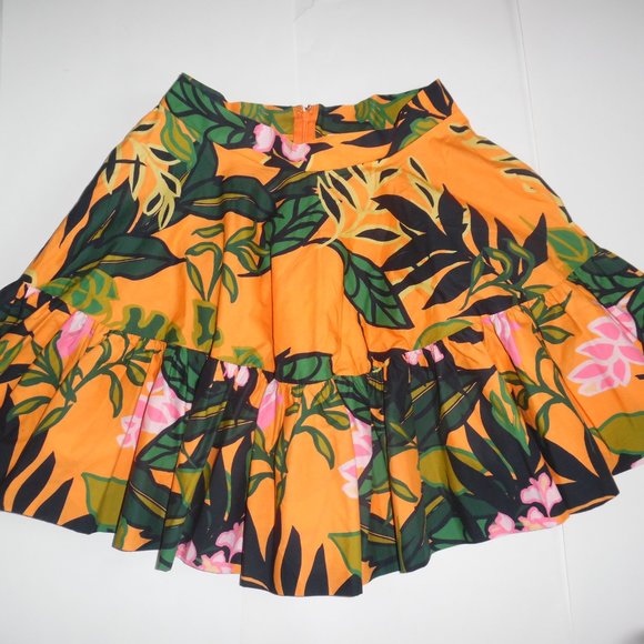 H&M Flared Exotic Leaf Palm Amazon Floral Print Volume Orange Cotton Skirt 6 - Picture 4 of 8
